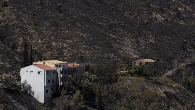 Habitatges enmig de la muntanya calcinada per l'incendi a Begís