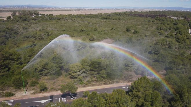 Cañones de agua antiincendios en funcionamiento en la Devesa de El Saler