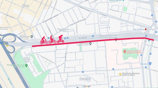 Mapa de por dónde discurirrá el nuevo carril bici en el último tramo de la avenida del Cid. Imagen: Ayuntamiento de València