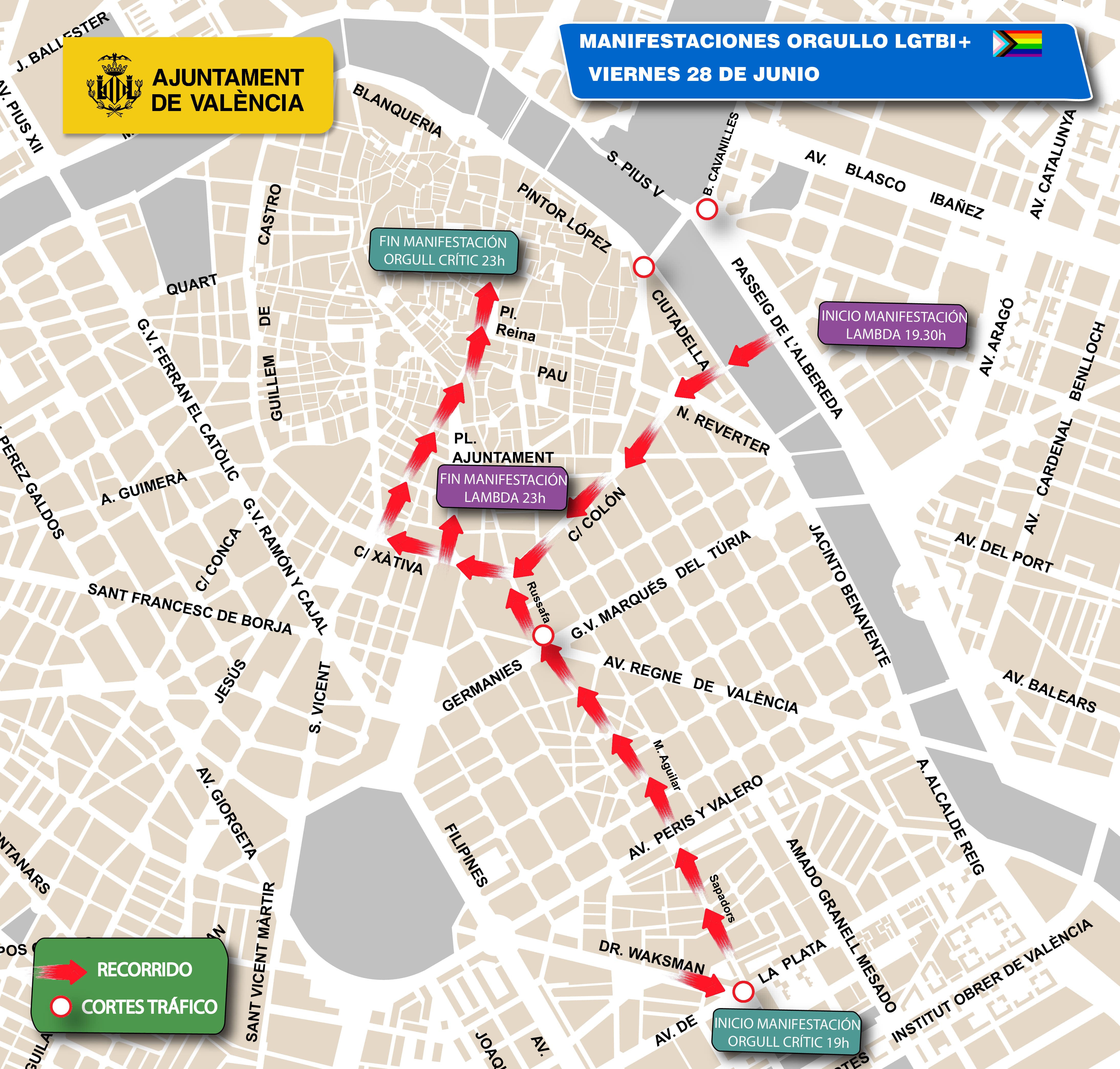 Recorrido y cortes de tráfico por las manifestaciones del Orgullo 2024 en Valencia