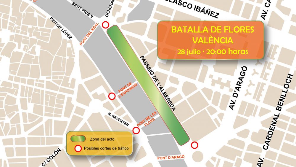 Plano de los cortes de tráfico por la Batalla de Flores de València