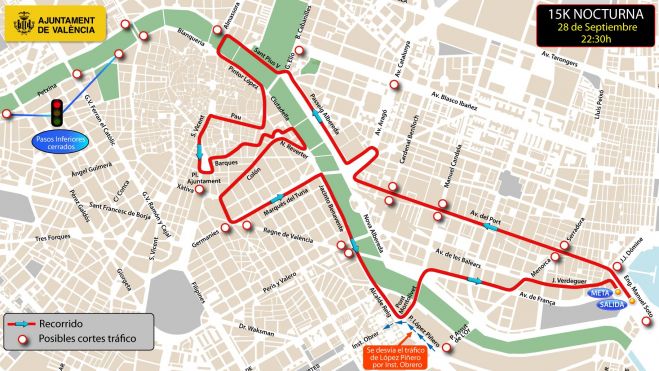 Plano de los cortes de calles por el recorrido de la 15k Nocturna